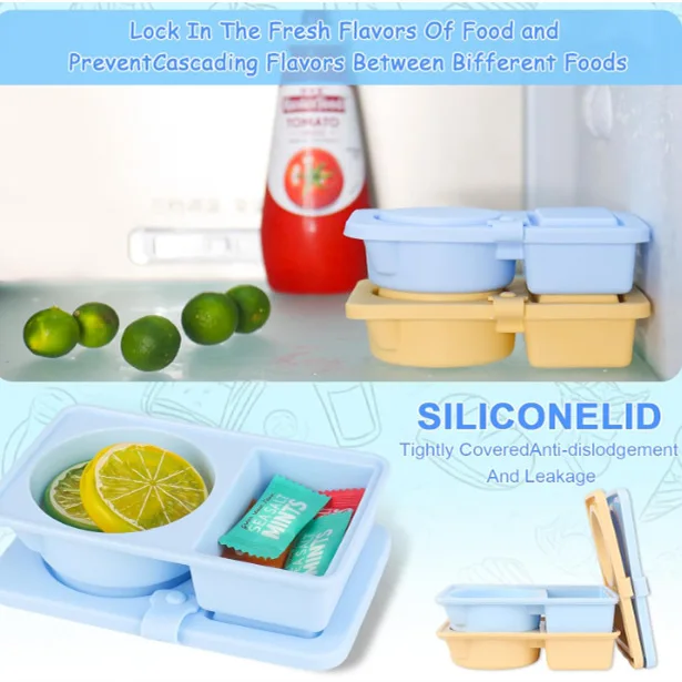 Portable Double-Compartment Silicone Snack Container Foldable Lid Microwavable Seasoning Sauce Box for Cooking Lunches supplier