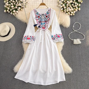Wholesale 2026 Summer Bohemian Embroidered Fringe Lace up Waist Loose A-Line Large Swing Dress Seaside Vacation Casual Dress