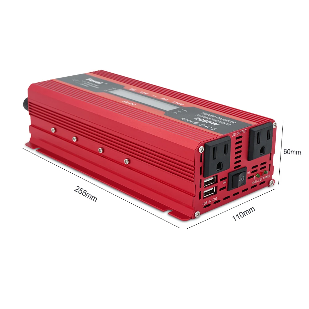 Dual Output Socket DC 12 Volt AC 110V Inverter 2000W Modified Sine Wave Power Supply Converter USB Adapter With LCD Display