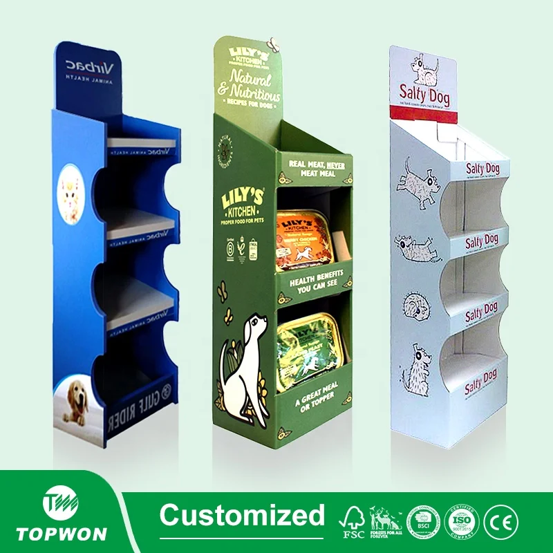 Custom Supermarket Pet Store Display Rack Cardboard Pet Food Display Shelf Pet Dog Collar Dog Food Cardboard Display Stand