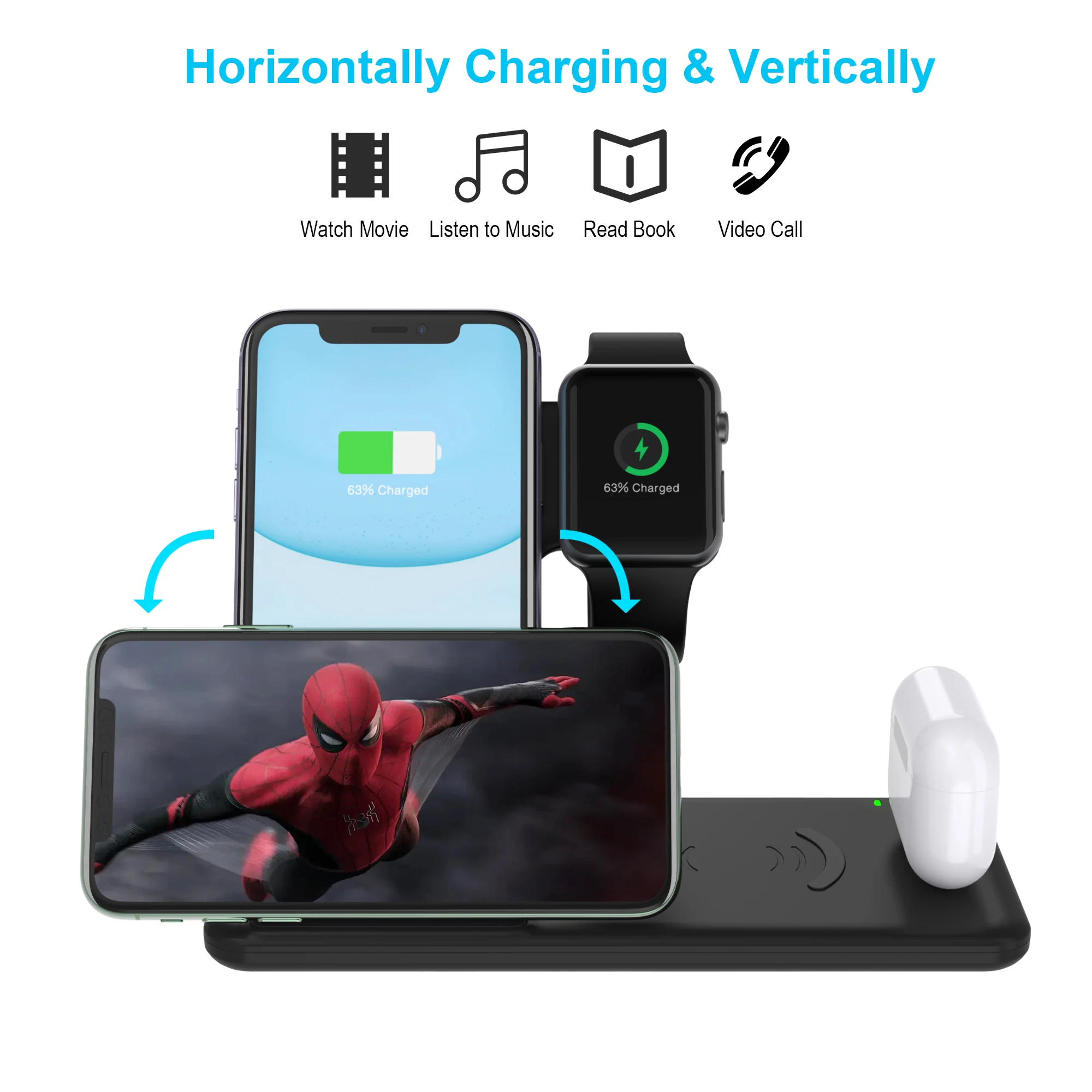 Dual 15W Foldable Fast Wireless Charger Stand 4-in-1 Charging Solution for Iphone 15/16 Earphones Smartwatches 5V/3A 9V/2A