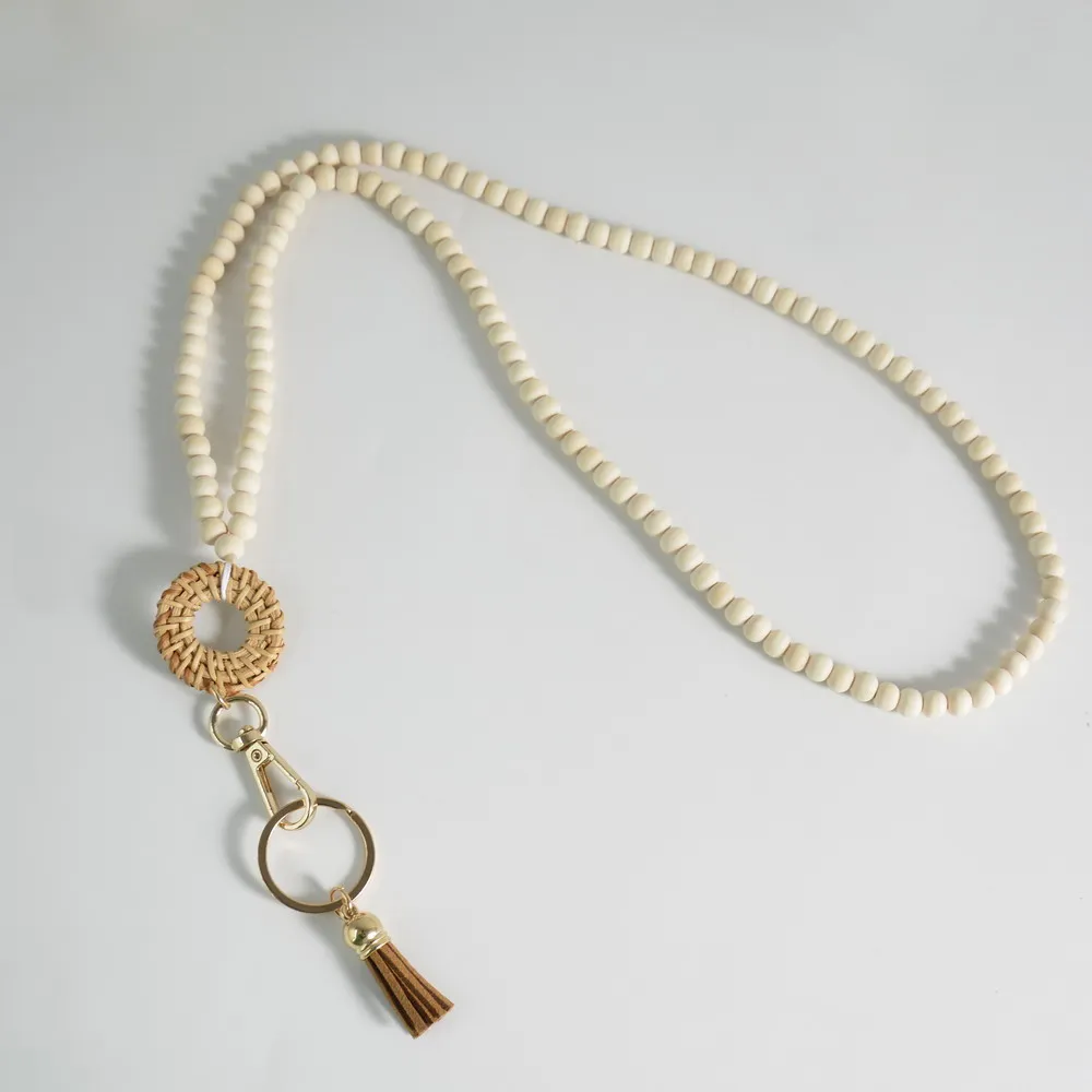 Rattan Wood Bead Lanyard Keychain Work ID Badge Necklace Boho Strap Nurse Teacher Gift Beaded Lanyard Charm Breakaway Clasp