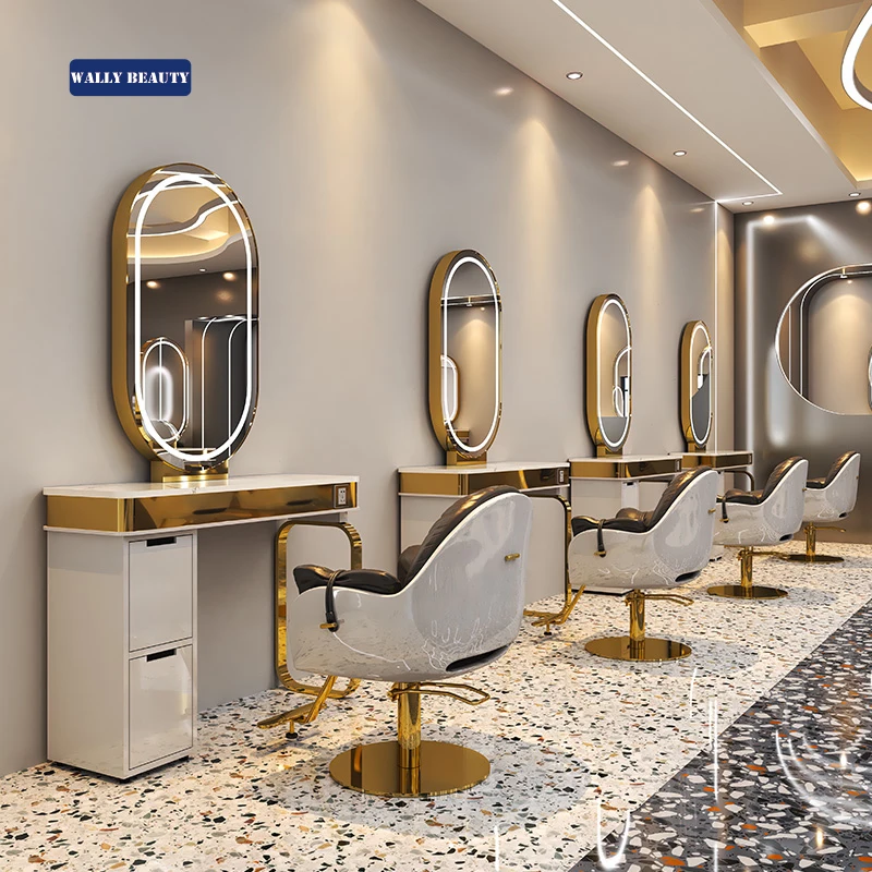 Комплект Мебели для салона красоты Wallybeauty золотистый салонный парикмахерский зеркало парикмахерской станция с шкафом хранения