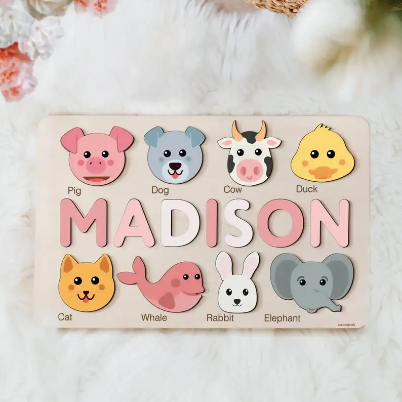 Customized Children Colorful Alphabet Name Puzzle Cute Animal Handmade Wooden Toy Puzzle for Kids Toys