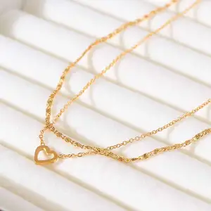 Real 18K Gold Plated Stainless Steel Heart Double Layered Necklace Romantic European American Style Box Chain Jewelry