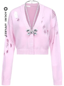 Couture Fashion Ladies Casual Loose Chain Decorative Cotton V-neck Full Sleeves All Seasons Coat