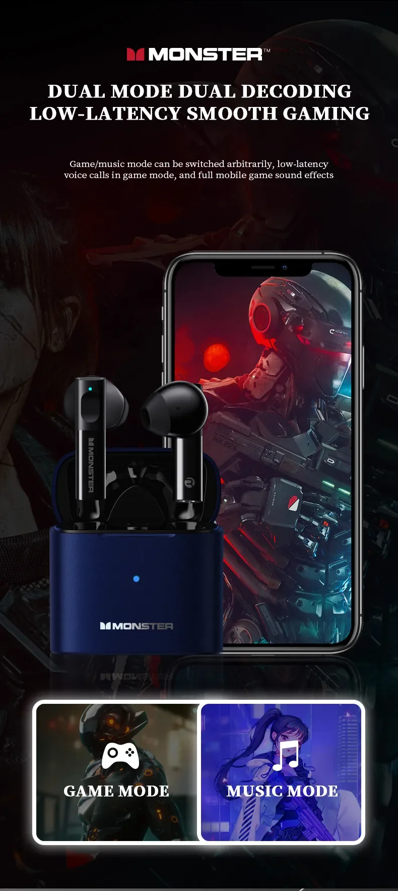 Monster Airmars XKT03 Earbud Gaming In-ear Earphone True Headphone Wireless ANC Call Noise Cancelling Wireless Headphones
