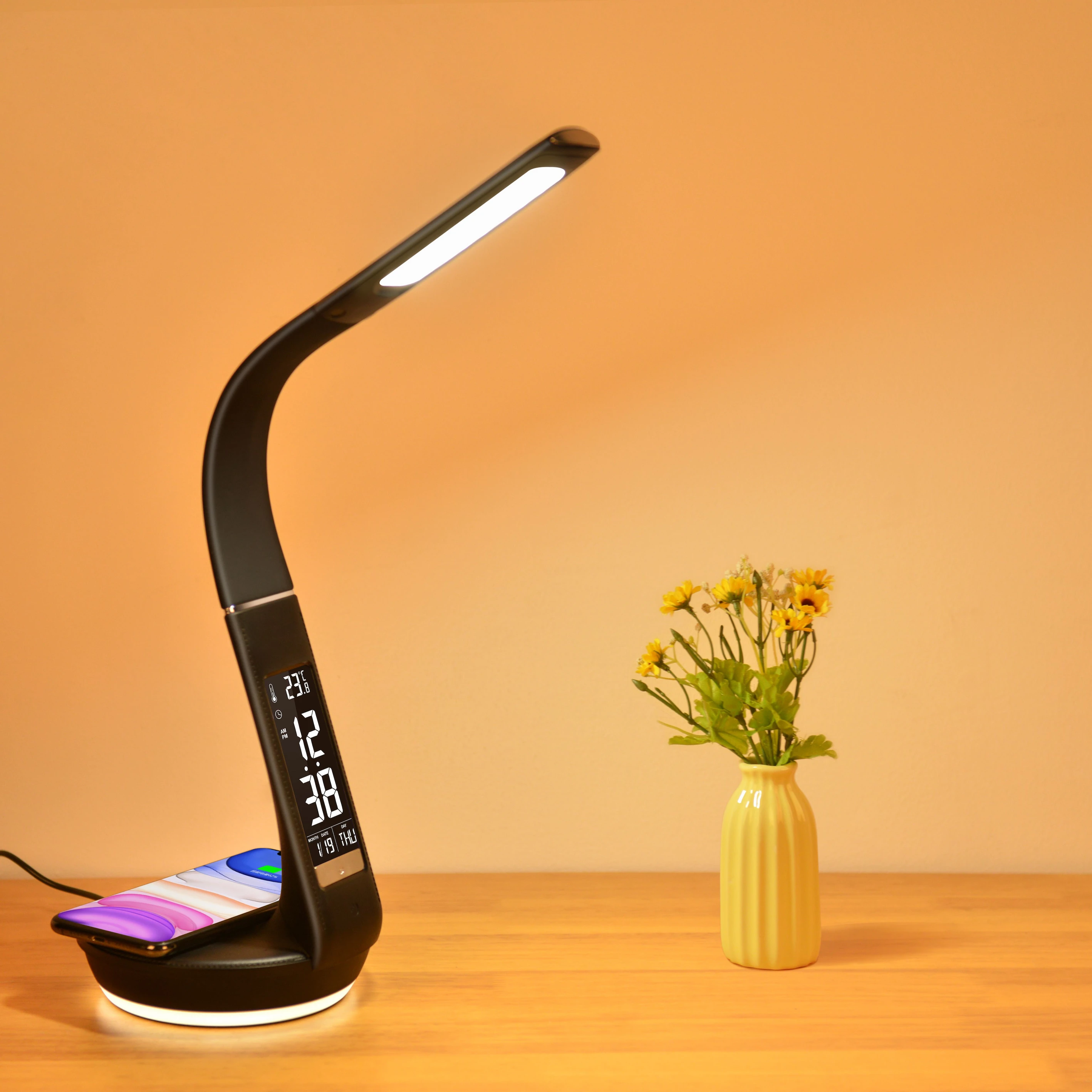 LED Light Flexible Arm Desk Lamp Wireless Charger lamp with Digital Clock Table Lamps for Home Decor