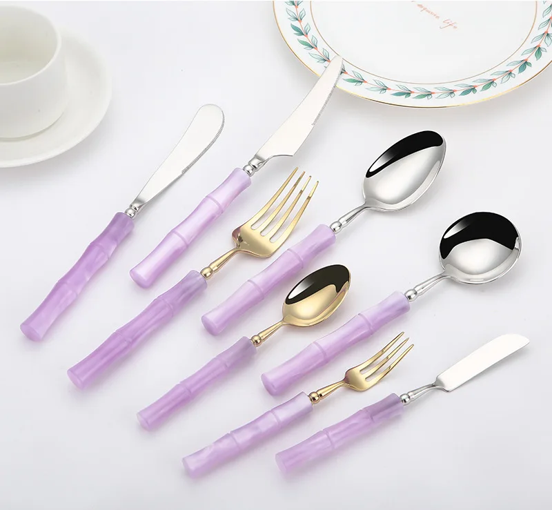 High Quality 18/10 Flatware Set Violet Acrylic Handle Stainless Steel Knife Fork Spoon Silverware Restaurant Cutlery Set