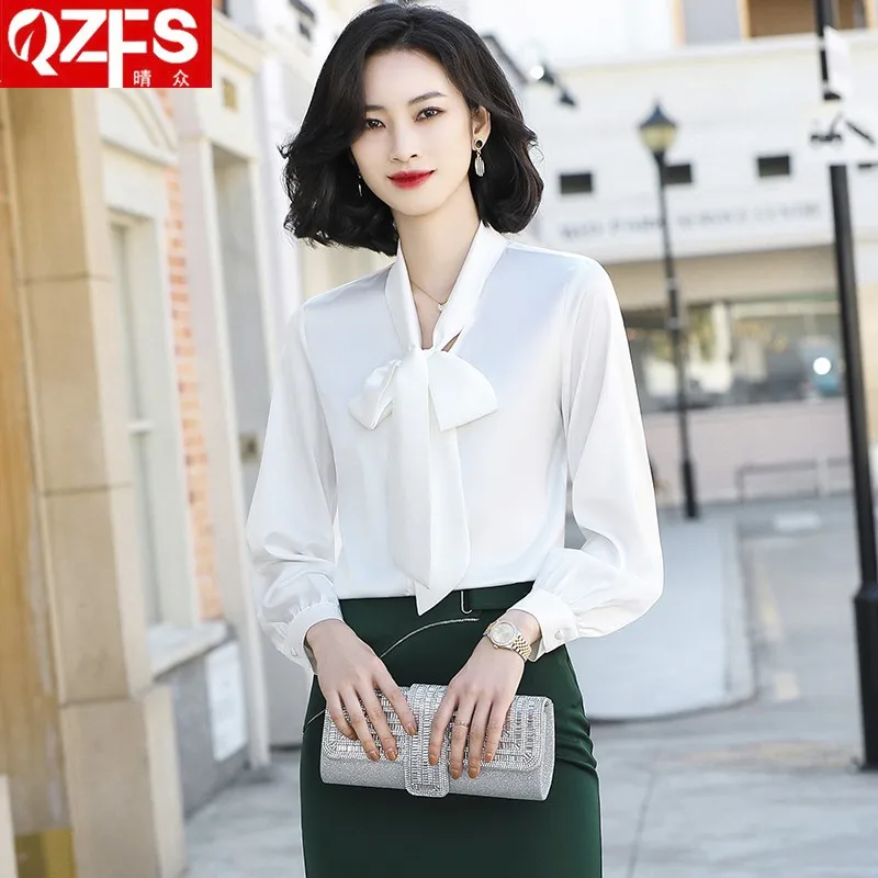 GPPZM Spring Chiffon Simple Office Lady Blouse Female Shirt Bow