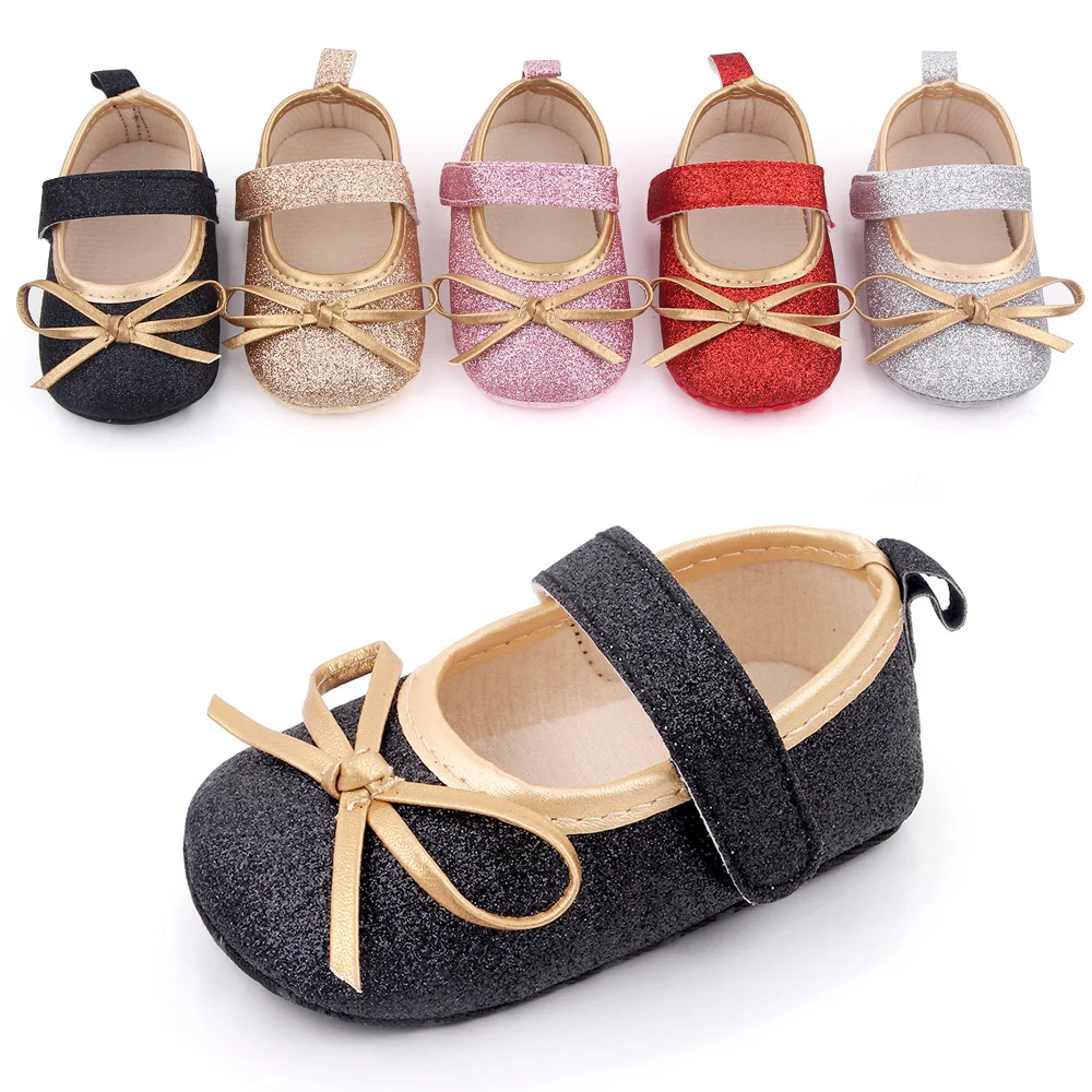 Spring and Autumn Baby Girls Sparkle Solid Color Glitter pink Bow Princess Toddler Shoes