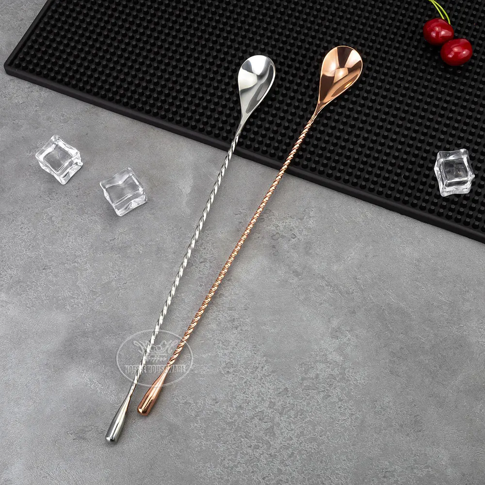 Custom Factory OEM 30 40 50cm Stainless Steel Cocktail Wine Mixing Spoon Long for Ice Cubes Mixer Teardrop Twisted Bar Spoons
