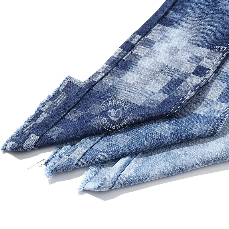 Gradient Grid Bottom of Towel Blue 80% Cotton Jacquard Denim Fabric for Jeans 10.5Oz High Quality Denim Fabric Wholesale