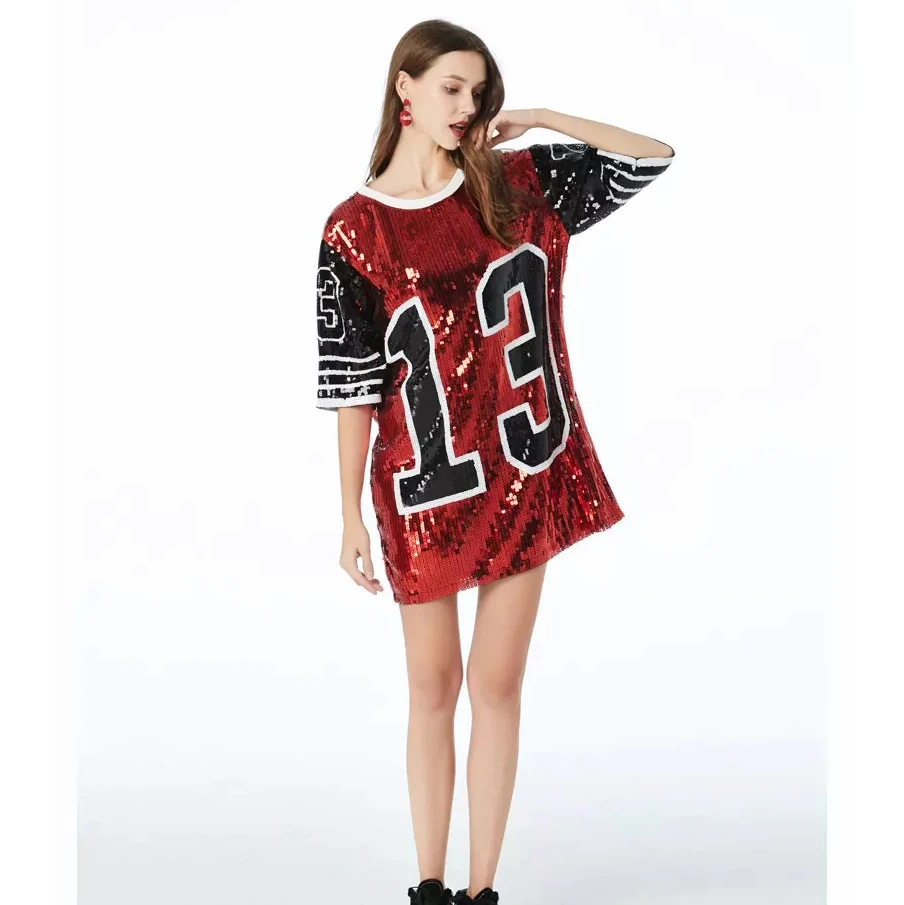 Custom Sparkling Sequin Dress Beaded Basketball Jersey Women Casual Hip Hop T Shirt Dresses