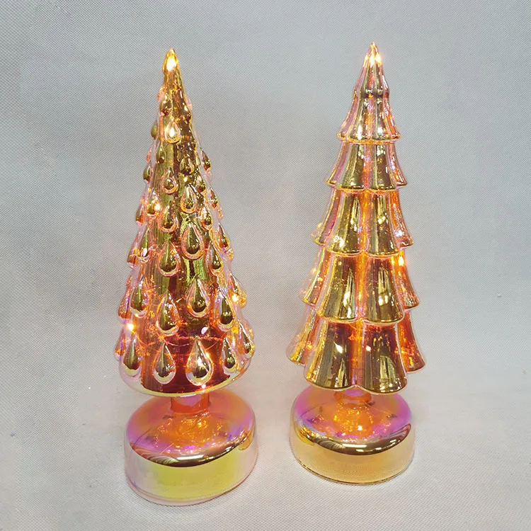 Vintage modern tabletop pre lit led lighted up mini green hand blown glass christmas tree decorative figurine set with lights manufacture