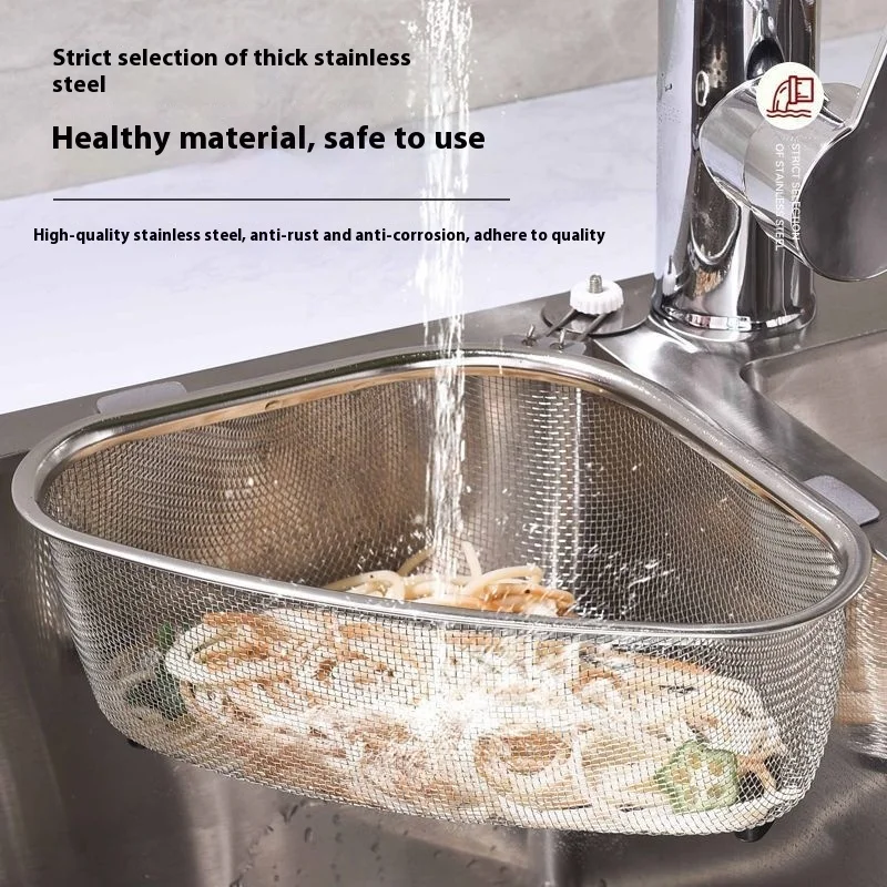 Stainless Steel Kitchen Sink Basin Triangle Dish with Filter Drain Basket for Leftovers Garbage Residue Storage Metal Material