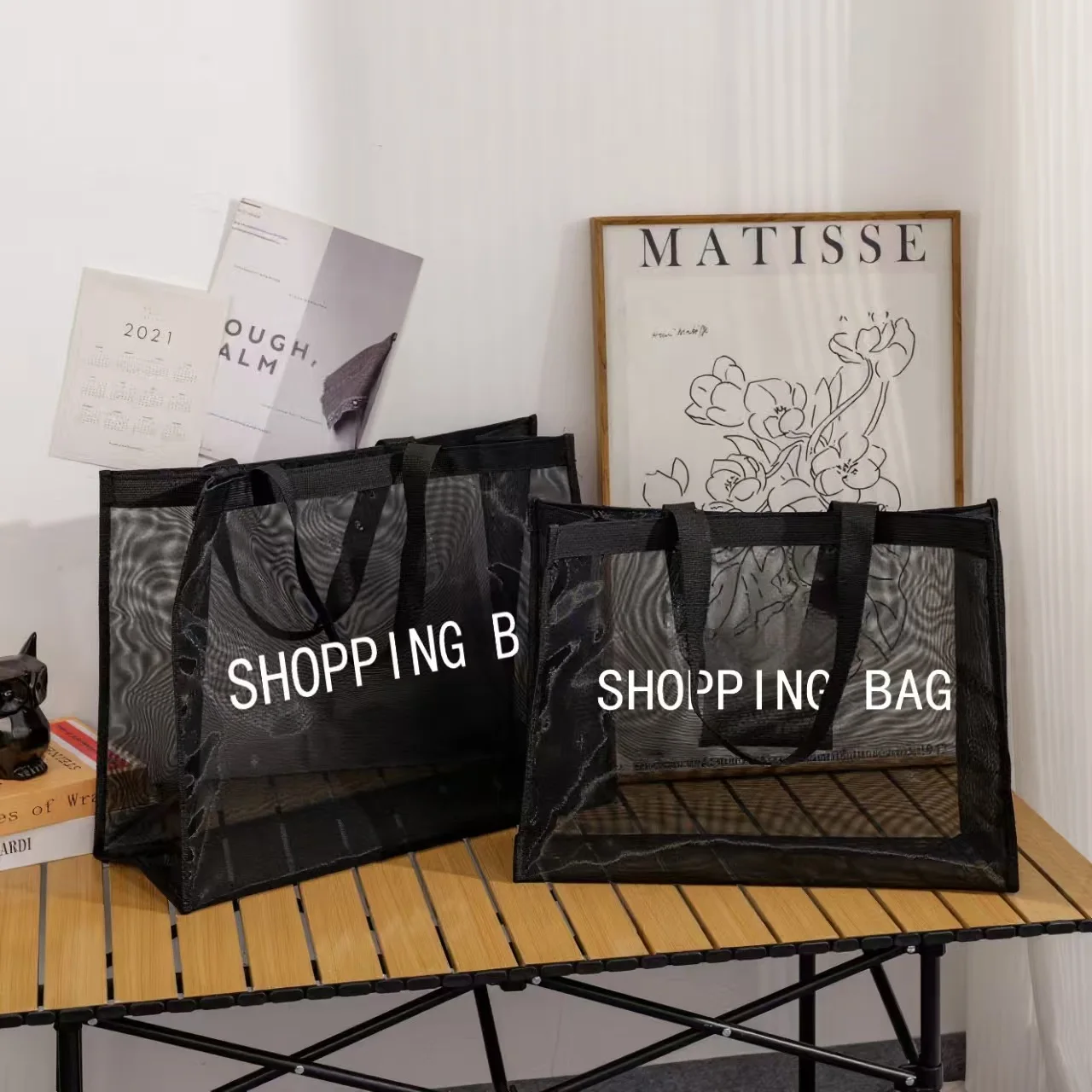 Custom Logo Fashion Screen Printed Large Mesh Tote Bag for Shopping Reusable Nylon Bag Wholesale Promotional Gifts preview 6