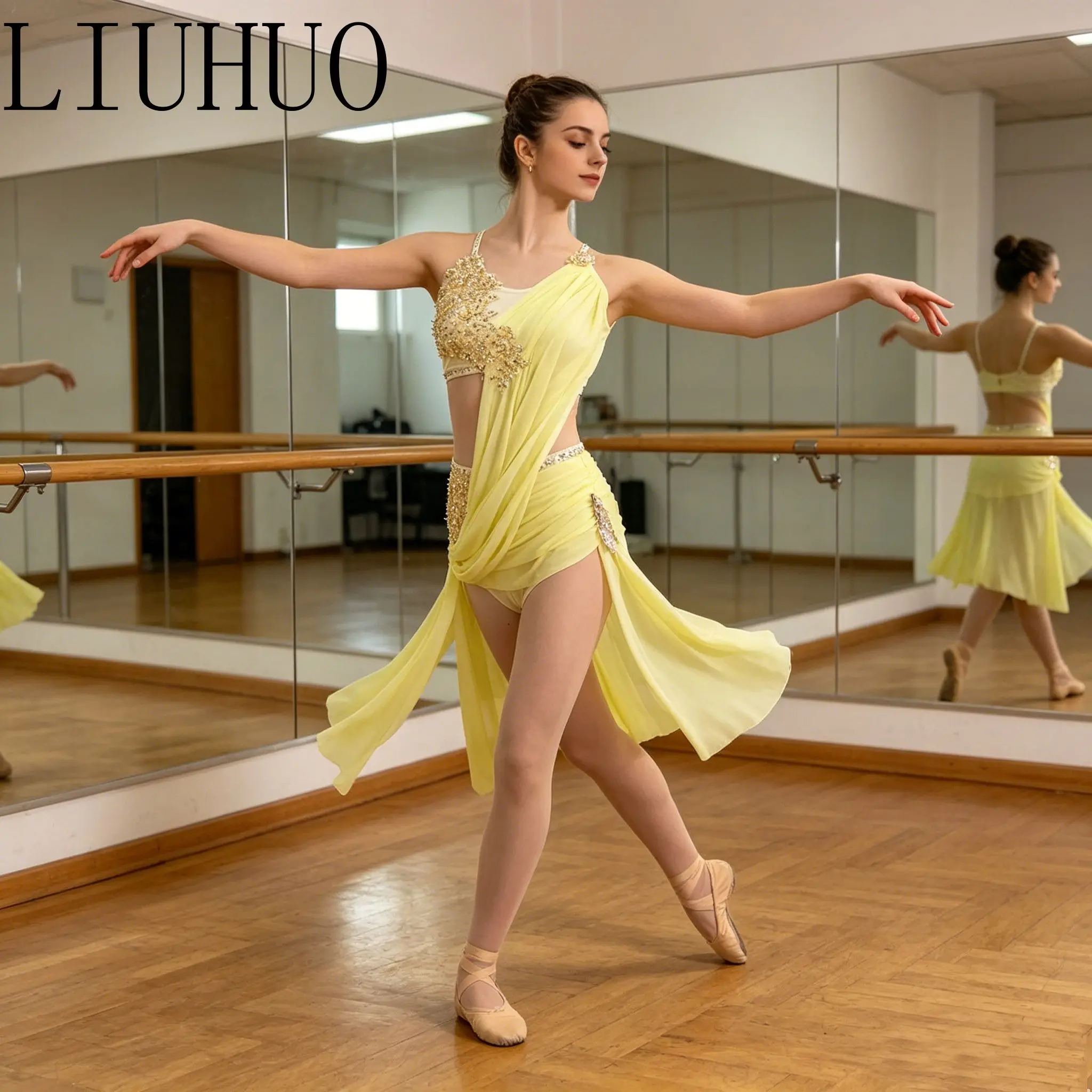 LIUHUO Lyrical Dance Dress Light Yellow Jazz Dance Costume Pole Dancing Clothes Girl Performance Training LIUHUO Lyrical Dance Dress Light Yellow Jazz Dance Costume Pole Dancing Clothes Girl Performance Training