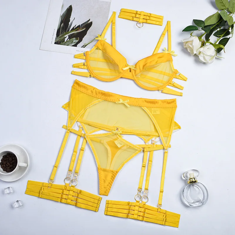 Yellow Women's Lingerie Set: Sensual Fantasy Hollow Mesh Garter  Undergarments for a Chic and Sexy Look in Apparel & Accessories