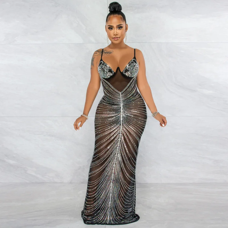 Sparkly Rhinestone Sexy Birthday Dress for Women Elegant Halter Backless  Long Mesh See Through Maxi Bodycon Evening Party Dress