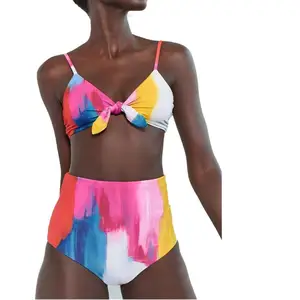 High-Waisted Sexy Breathable Stretch 2-Piece Plus Size Tie-Dye Color Digital Print Bikini