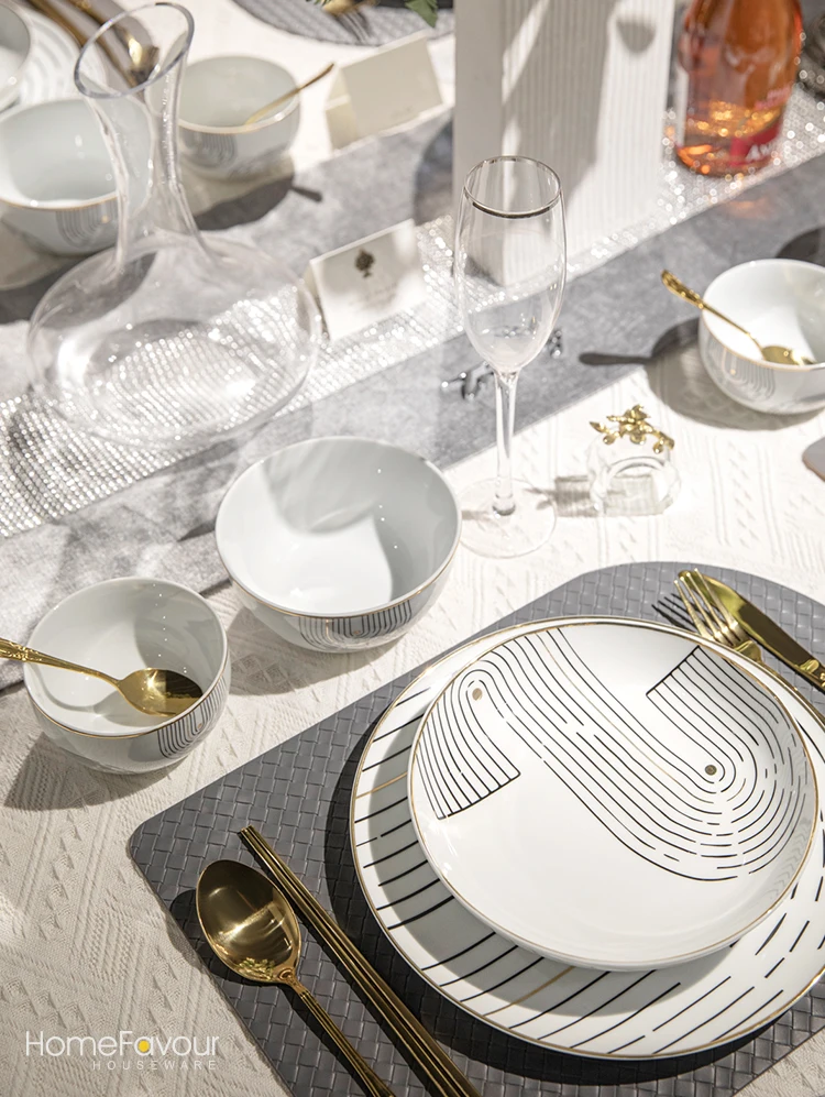 2022 New Fine Porcelain Dinnerware Set Wholesale Tableware Black Strips