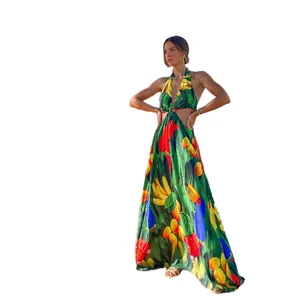 TW9207267 2023 New Floral Print Quick Dry Hollow-out Long Beach Swimdress Sexy Backless Women 100% Polyester 1 Piece