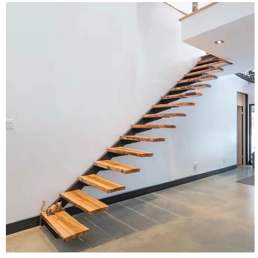 TAKA Foshan Factory Straight Staircase Solid Wood Dark Oak Steel Floating Stairs