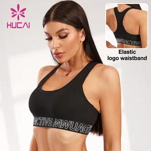 HUCAI High Quality Racerback Custom logo on Waistband High Impact Workout Training Sports Bra Top Gym Yoga Bra for Women