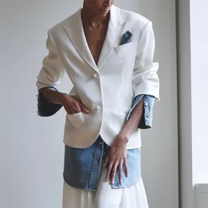 2026 Trendy Black & Light Blue Denim Patchwork Blazer - Distressed Sleeves Design