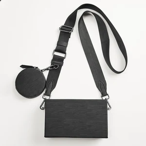 Wholesale Black Leather Mini Rigid Box Multi Pouch Men's Crossbody Sling Shoulder Bag for Men