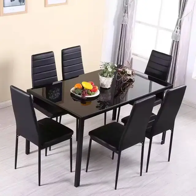 Cheap Modern Nordic Glass Top Dining Room Table and Pu Leather Chair for 6 Restaurant Dining Table Set with 6 Chairs Seater