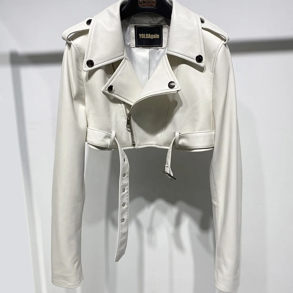 2025 Cropped White Leather Jacket Lamb Skin Leather Jacket Biker