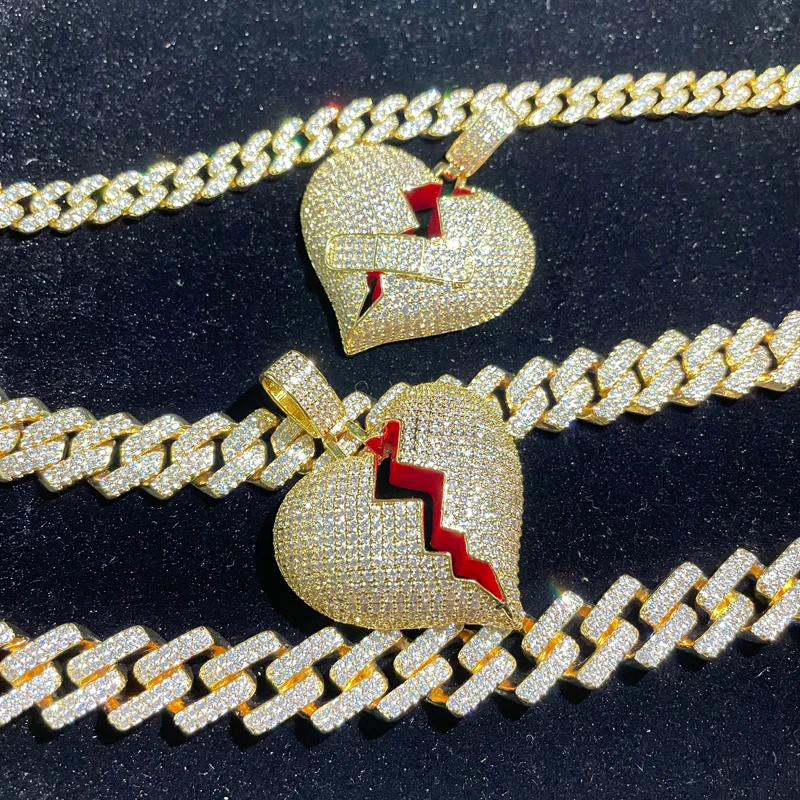 Gold Broken Heart Pendant Iced Out Crystal Couple Jewelry - Main Image