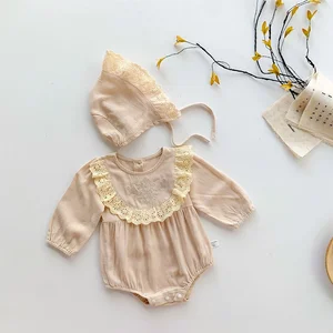 Autumn Collection Long Sleeve Lace Trim Jumpsuit Button Hat 100% Cotton Casual Baby Romper