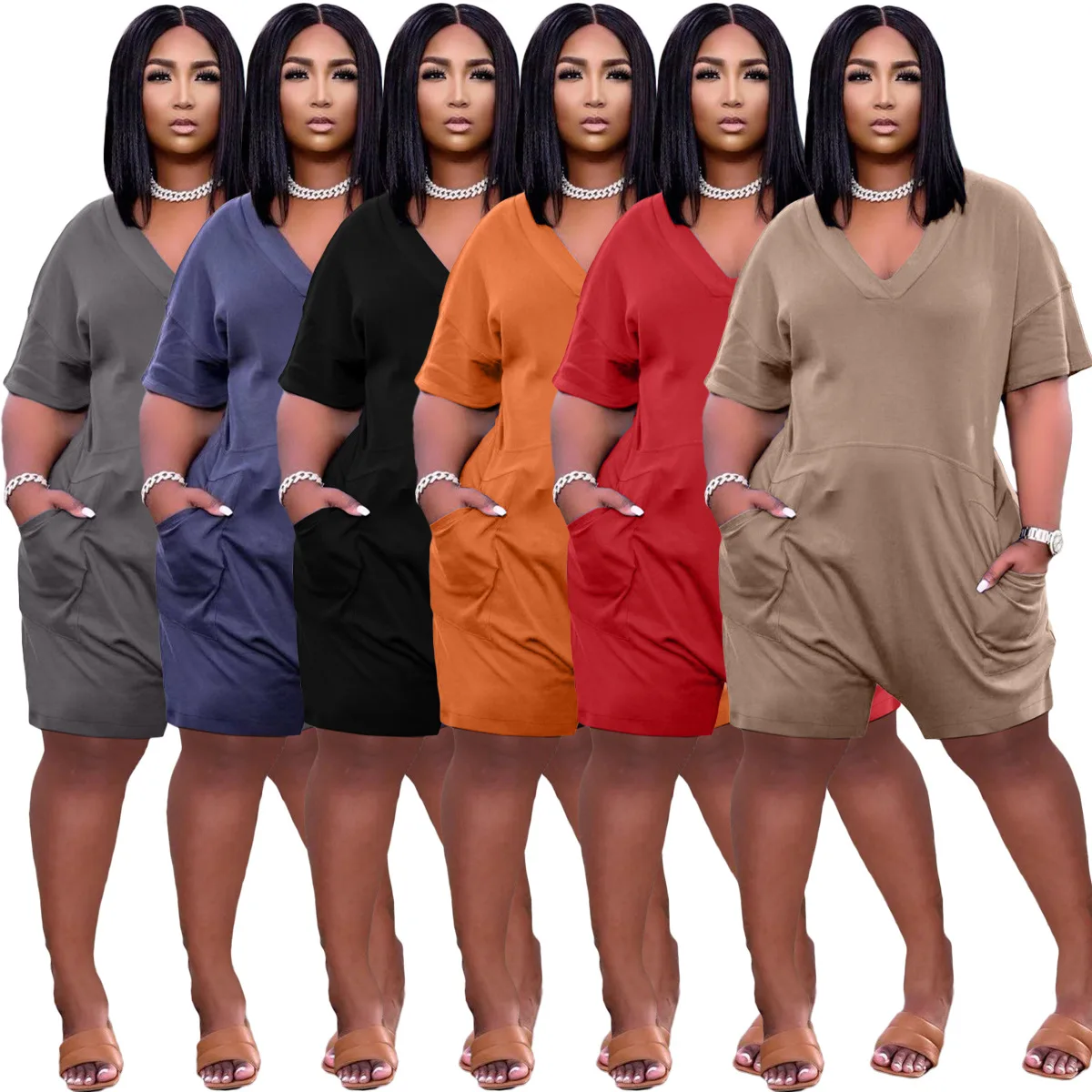 J9365 2021 Summer Ladies Loose V Neck One Piece Jumpsuits And Rompers ...