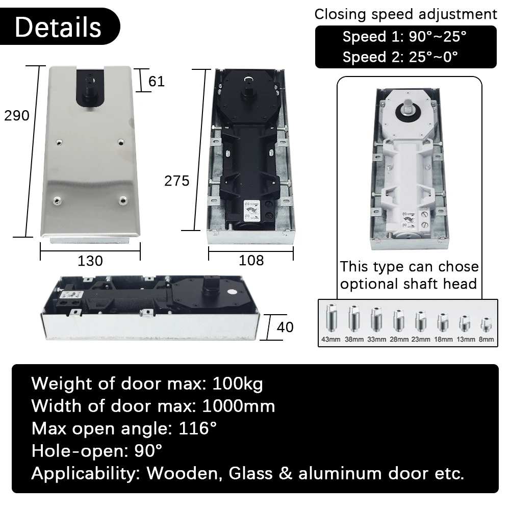 Floor Mounted Adjustable Concealed Floor Spring Hydraulic Frameless Glass Door Floor Hinge