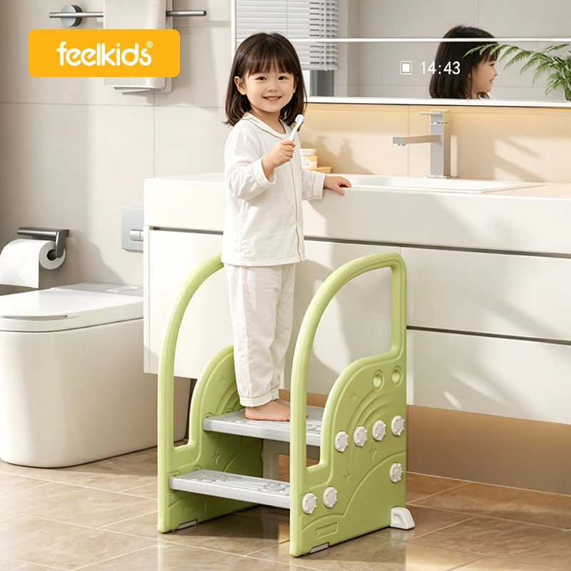 Feelkids Safety Non-slip Plastic Toddler Step Stool with Handrails 2-Tier Kids Step Stool for Bathroom Sink Toilet Training