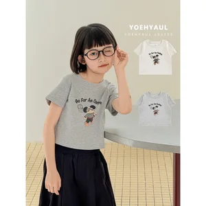YOEHYAUL CD1657 Summer Cotton T-shirt Girls Digital Printed T-shirt Stretchy Breathable Teen Short Sleeve Revealing Top for Kids