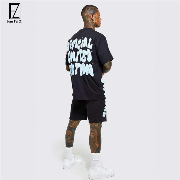 Custom two piece puff print Heavy Cotton t Shirt  summer men clothing 2 piece oversized t shirt and shorts set for men