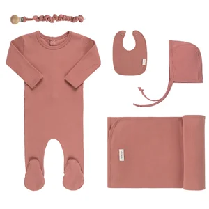Custom Toddler Clothes 5-piece Sets Ribbed Bamboo Baby Romper Jumpsuit Cute Solid Color Luxury Baby Clothes Set
