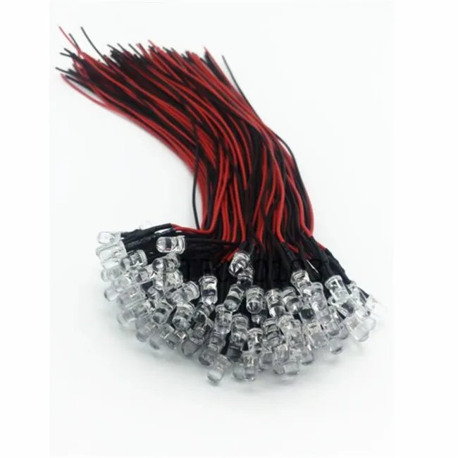 Small bulb 3V 5V 12V 5MM LED Diode Light Clear 20cm Cable Pre Wired With Plastic Holder