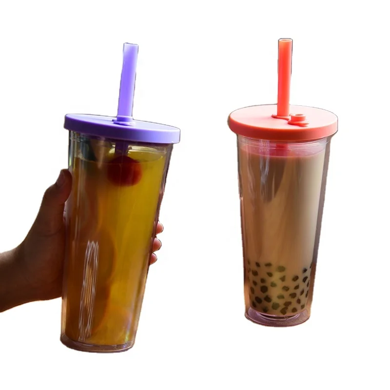 Wholesale Reusable plastic Cup Double Wall Insulated Smoothie Tumbler Wide  boba tumblers with lid and Straw For Bubble Tea From m.