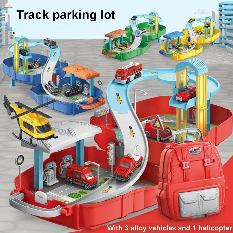 Kid Pretend Play Track Parking Lot Toy Backpack Model DIY Assembly Ramp Track Lifting Parking Garage Play Set with Alloy Vehicle