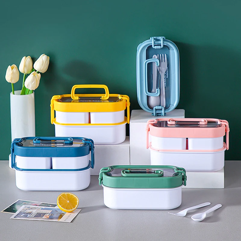 Custom Logo New Product Creative 2 Layers Plastic Lunch Box for School Camping Office Microwaveable Bento Box with Cutlery Set