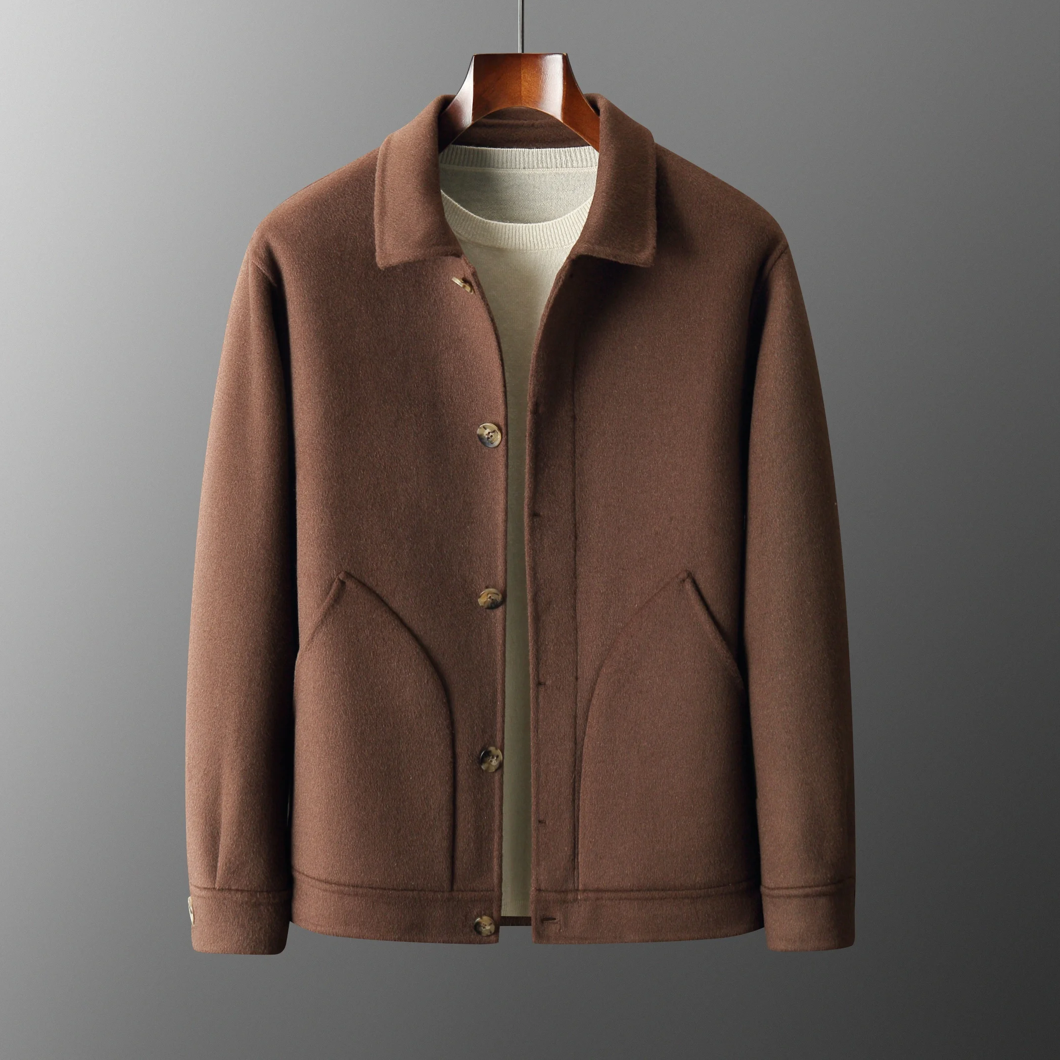 Men's Oversized Handmade Double-Sided Wool Lapel Coat - Autumn