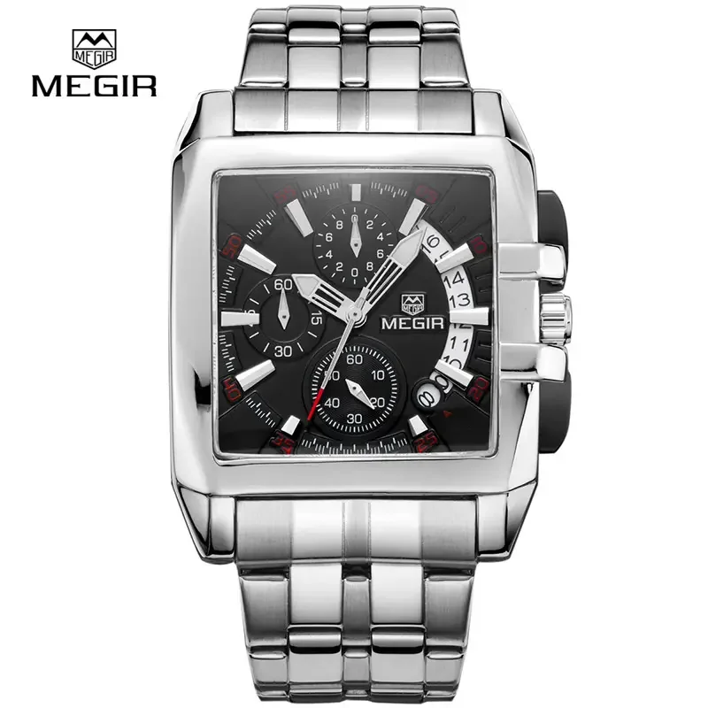 MEGIR 2018 Men's Watch Stainless Steel Strap, Square Business Quartz