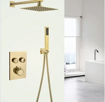 High end brass brushed gold button embedded thermostatic shower