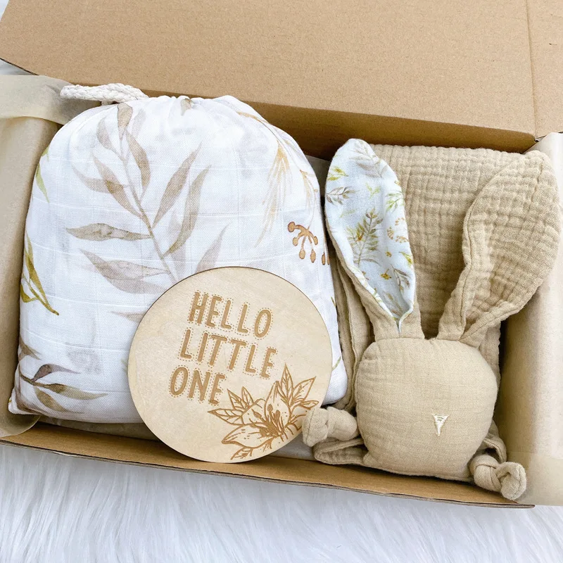 Muslin Swaddle Blankets Gift Set Baby Teether Wooden Milestone Card New Born Shower Gift Set Box details