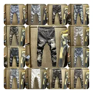 Hipster Men's High Street Patch Cloth Ripped Jeans Slim Fit Long Pants for Europe the United States Hip Hop Style for Winter